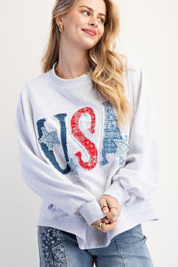 Easel Mineral Washed Terry Knit Top with USA Patches in Heather Grey