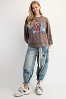 Easel Mineral Washed Terry Knit Top with USA Patches in Mocha