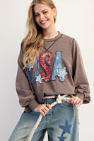 Easel Mineral Washed Terry Knit Top with USA Patches in Mocha