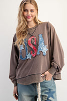 Easel Mineral Washed Terry Knit Top with USA Patches in Mocha