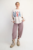 Easel Mineral Washed Terry Knit Top with USA Patches in Oatmeal