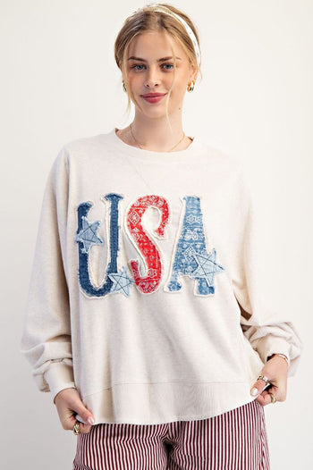 Easel Mineral Washed Terry Knit Top with USA Patches in Oatmeal