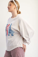 Easel Mineral Washed Terry Knit Top with USA Patches in Oatmeal