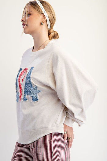 Easel Mineral Washed Terry Knit Top with USA Patches in Oatmeal