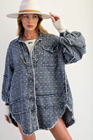 Easel OVERSIZED Textured Floral Embroidery Tunic in Washed Denim