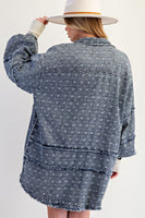 Easel OVERSIZED Textured Floral Embroidery Tunic in Washed Denim