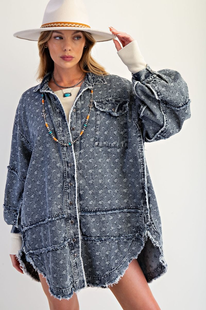 Easel OVERSIZED Textured Floral Embroidery Tunic in Washed Denim