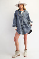 Easel OVERSIZED Textured Floral Embroidery Tunic in Washed Denim