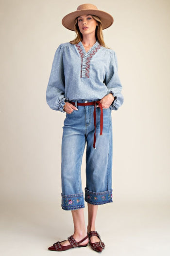 Easel Jacquard Denim Top in Light Denim