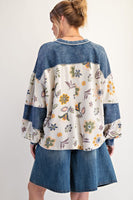 Easel Floral Print Mineral Washed Henley Top in Ecru