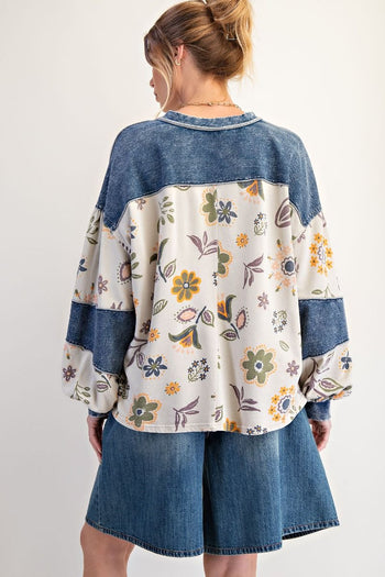 Easel Floral Print Mineral Washed Henley Top in Ecru