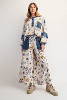 Easel Floral Print Mineral Washed Henley Top in Ecru