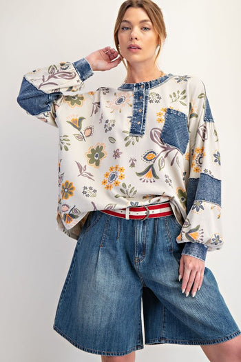 Easel Floral Print Mineral Washed Henley Top in Ecru