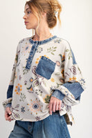 Easel Floral Print Mineral Washed Henley Top in Ecru