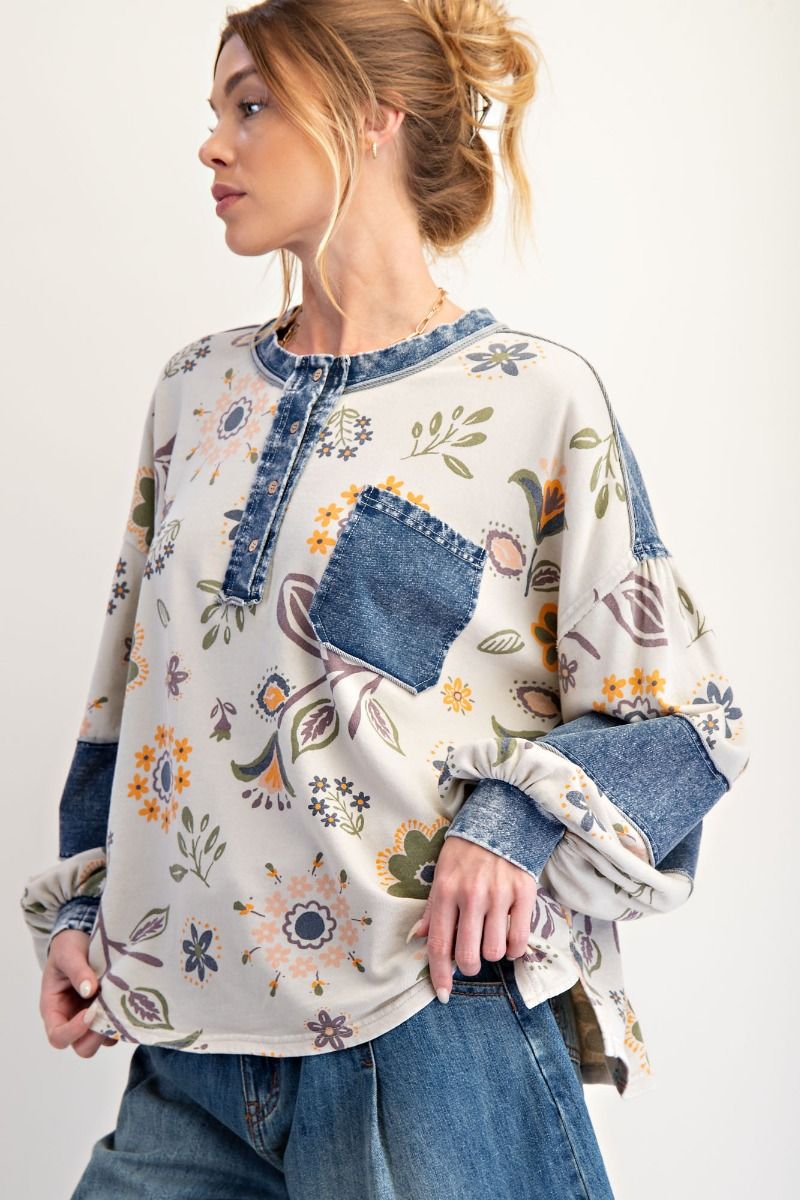 Easel Floral Print Mineral Washed Henley Top in Ecru – June Adel