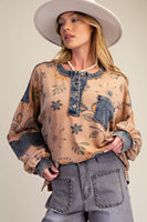 Easel Floral Print Mineral Washed Henley Top in Mocha Mousse ON ORDER
