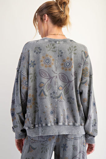 Easel Mineral Washed Terry Knit Floral Print Top in Ash ON ORDER