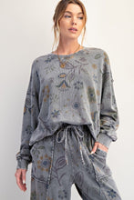 Load image into Gallery viewer, Easel Mineral Washed Terry Knit Floral Print Top in Ash ON ORDER
