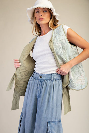 Easel Floral Patchwork Front Bow Tie Vest in Sage