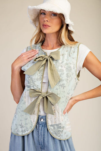 Easel Floral Patchwork Front Bow Tie Vest in Sage