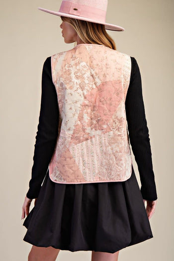 Easel Floral Patchwork Front Bow Tie Vest in Vintage Rose