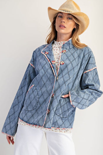 Easel Diamond Quilted Jacket in Washed Denim