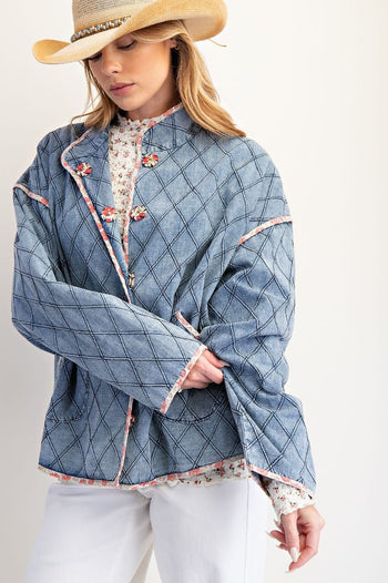 Easel Diamond Quilted Jacket in Washed Denim