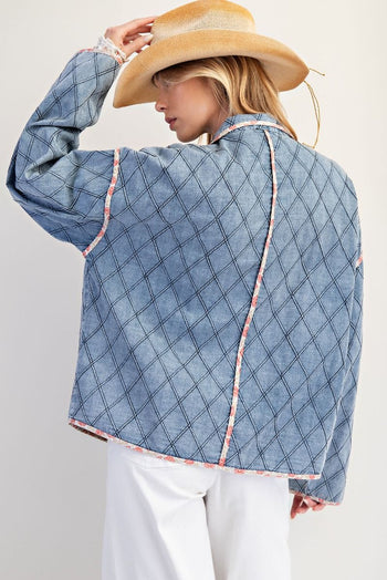 Easel Diamond Quilted Jacket in Washed Denim
