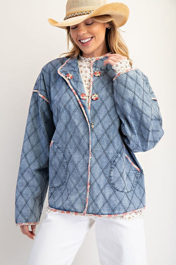 Easel Diamond Quilted Jacket in Washed Denim