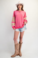 Easel Mineral Washed Terry Knit Top with Contrasting Floral Print Sleeve Patches in Bubble Gum