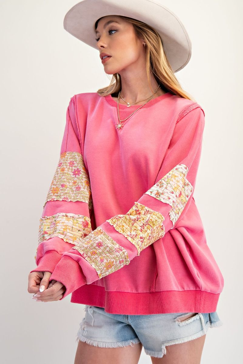 Easel Mineral Washed Terry Knit Top with Contrasting Floral Print Sleeve Patches in Bubble Gum