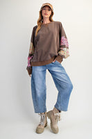 Easel Mineral Washed Terry Knit Top with Contrasting Floral Print Sleeve Patches in Mocha