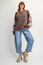 Load image into Gallery viewer, Easel Mineral Washed Terry Knit Top with Contrasting Floral Print Sleeve Patches in Mocha
