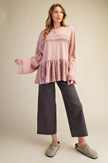 Easel Soft Washed Terry Knit Top with Ruffle Lace Details in Dusty Rose
