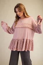 Load image into Gallery viewer, Easel Soft Washed Terry Knit Top with Ruffle Lace Details in Dusty Rose
