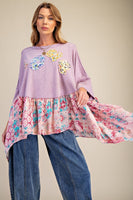 Easel OVERSIZED Solid and Mixed Print LOVE Patched Top in Dusty Lilac