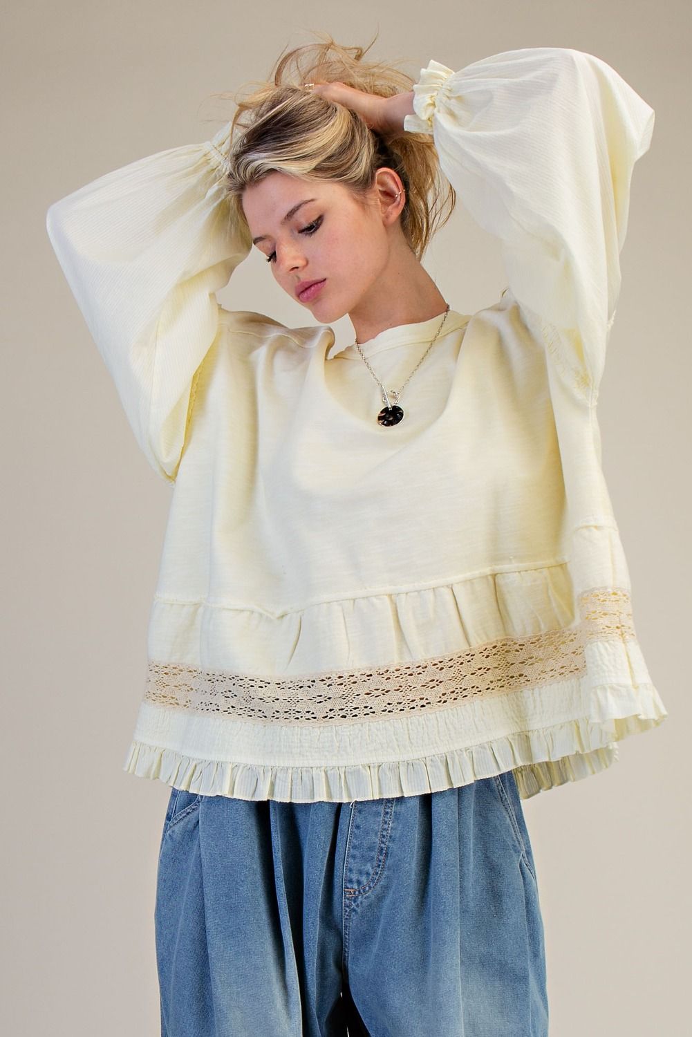 Easel Cotton Top with Mixed Lace Ruffle Hem in Butter Yellow ON