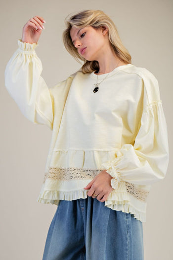 Easel Cotton Top with Mixed Lace Ruffle Hem in Butter Yellow