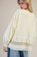 Easel Cotton Top with Mixed Lace Ruffle Hem in Butter Yellow