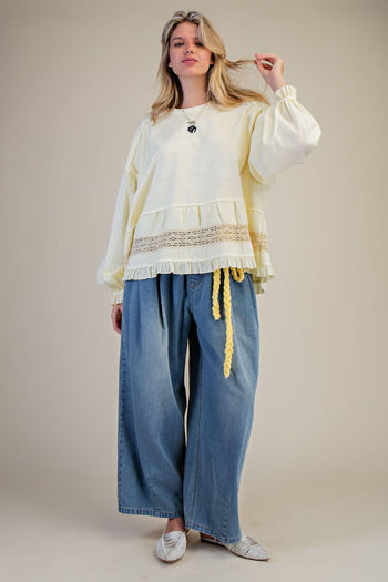 Easel Cotton Top with Mixed Lace Ruffle Hem in Butter Yellow