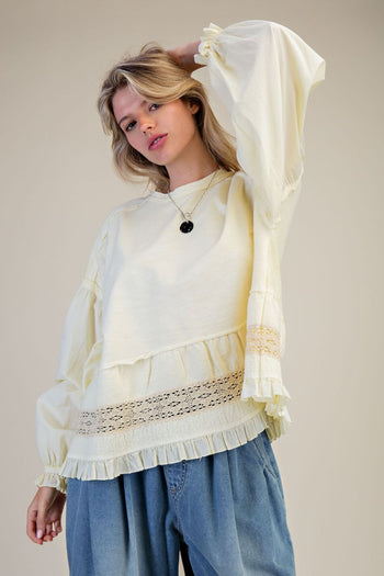 Easel Cotton Top with Mixed Lace Ruffle Hem in Butter Yellow