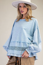 Load image into Gallery viewer, Easel Cotton Top with Mixed Lace Ruffle Hem in Denim Blue
