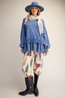 Easel Eyelet Lace Bottom Washed Terry Pullover Top in Blueberry