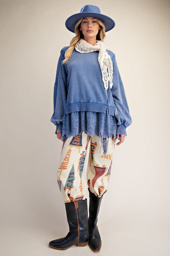 Easel Eyelet Lace Bottom Washed Terry Pullover Top in Blueberry