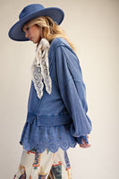 Easel Eyelet Lace Bottom Washed Terry Pullover Top in Blueberry