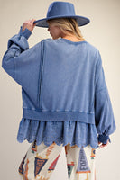 Easel Eyelet Lace Bottom Washed Terry Pullover Top in Blueberry