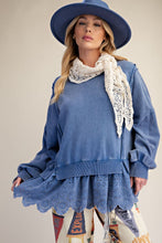 Load image into Gallery viewer, Easel Eyelet Lace Bottom Washed Terry Pullover Top in Blueberry
