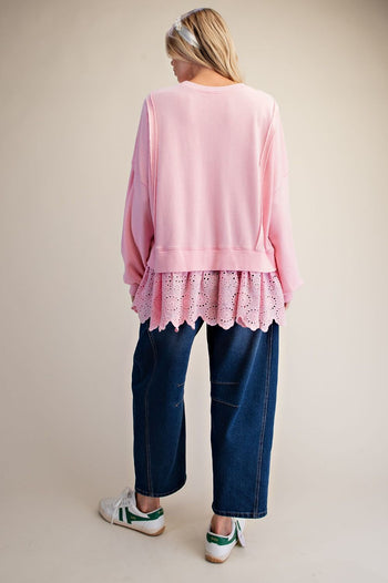 Easel Eyelet Lace Bottom Washed Terry Pullover Top in Sweet Pink