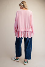 Load image into Gallery viewer, Easel Eyelet Lace Bottom Washed Terry Pullover Top in Sweet Pink
