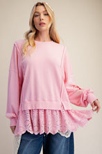 Load image into Gallery viewer, Easel Eyelet Lace Bottom Washed Terry Pullover Top in Sweet Pink
